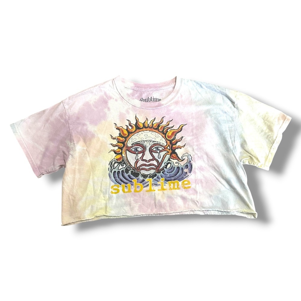 Sublime Tie Dye Sun Graphic Cropped Cotton T-Shirt Women's M Pastel Band Tee